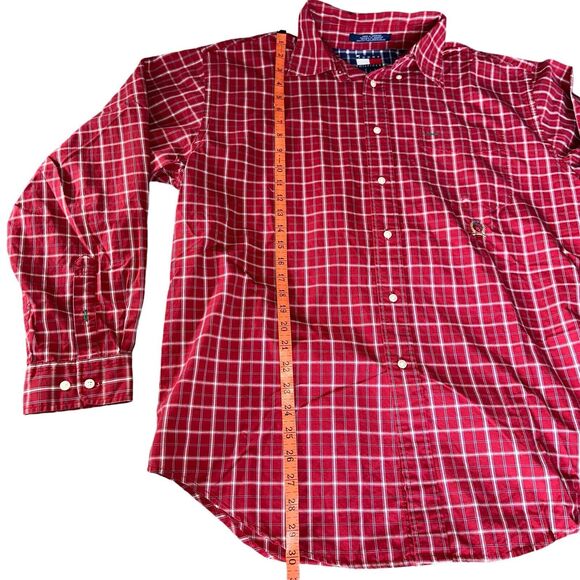 Tommy Hilfiger 90s Plaid Shirt Mens Large Red Long Sleeve Button Up Vintage - Picture 2 of 16